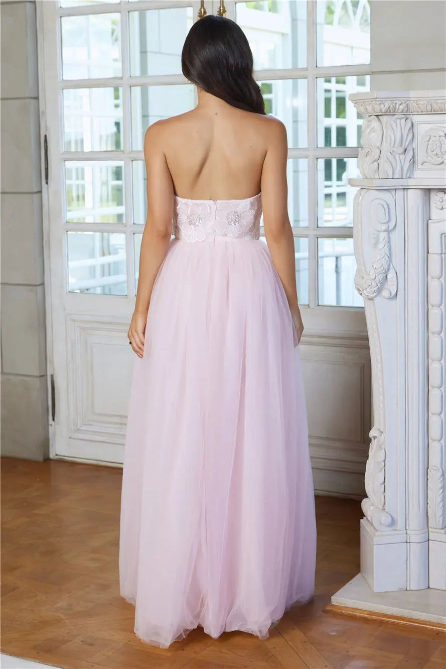 Lovely A-line Strapless Open Back Tulle Pink Maxi Prom Dress With Applique