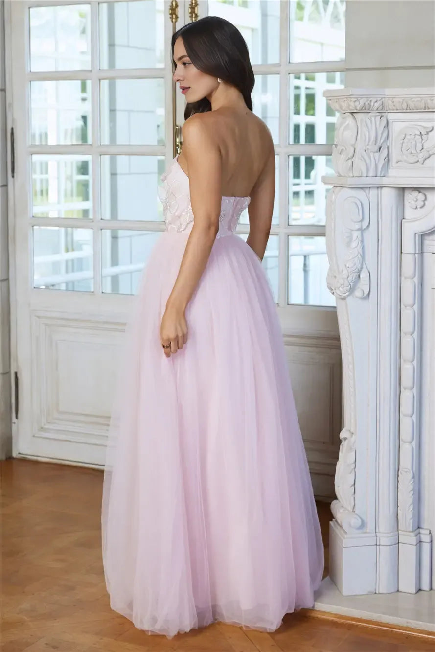 Lovely A-line Strapless Open Back Tulle Pink Maxi Prom Dress With Applique