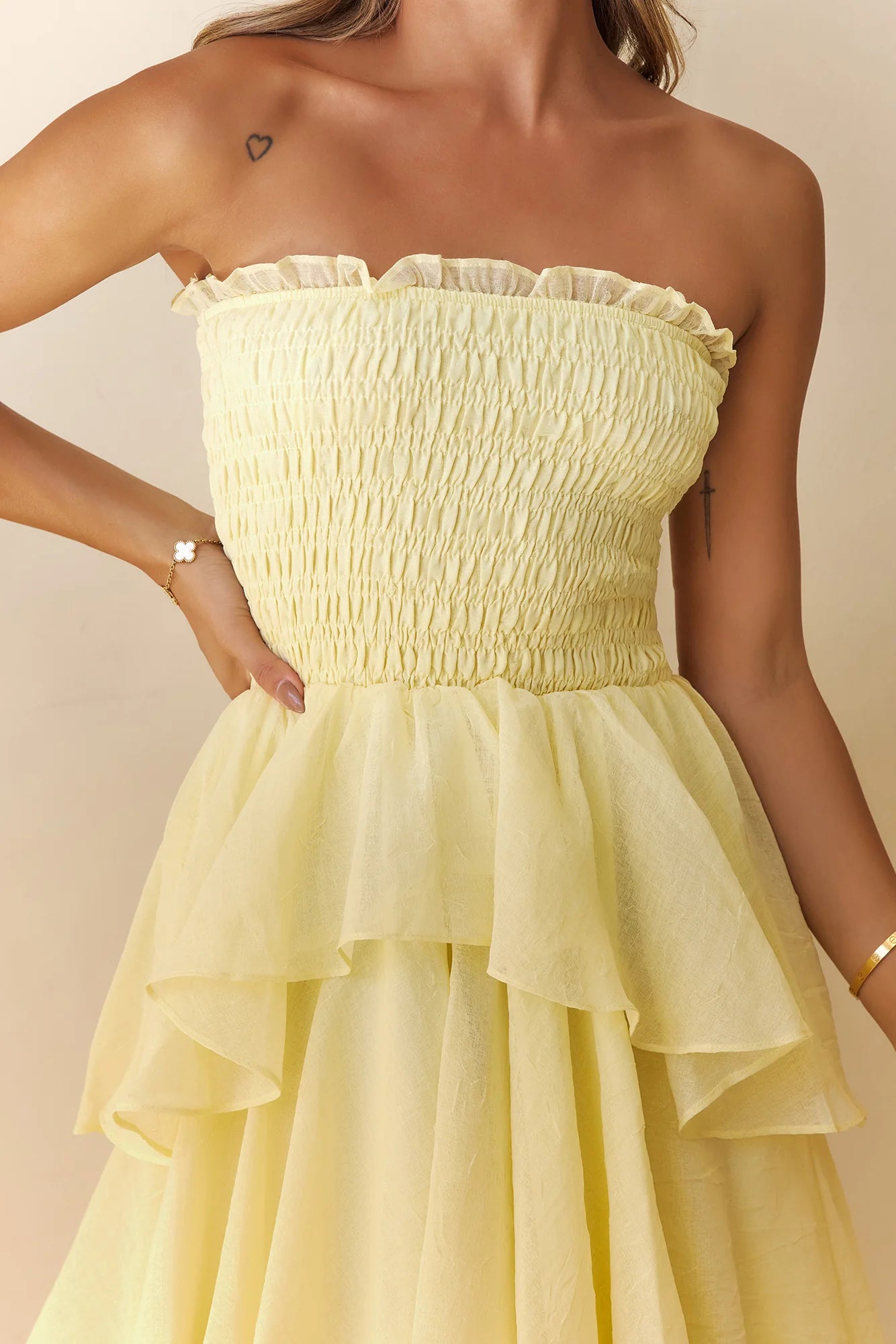 Lovely A-line Strapless Tiered Ruffle Yellow Maxi Prom Dress For Women
