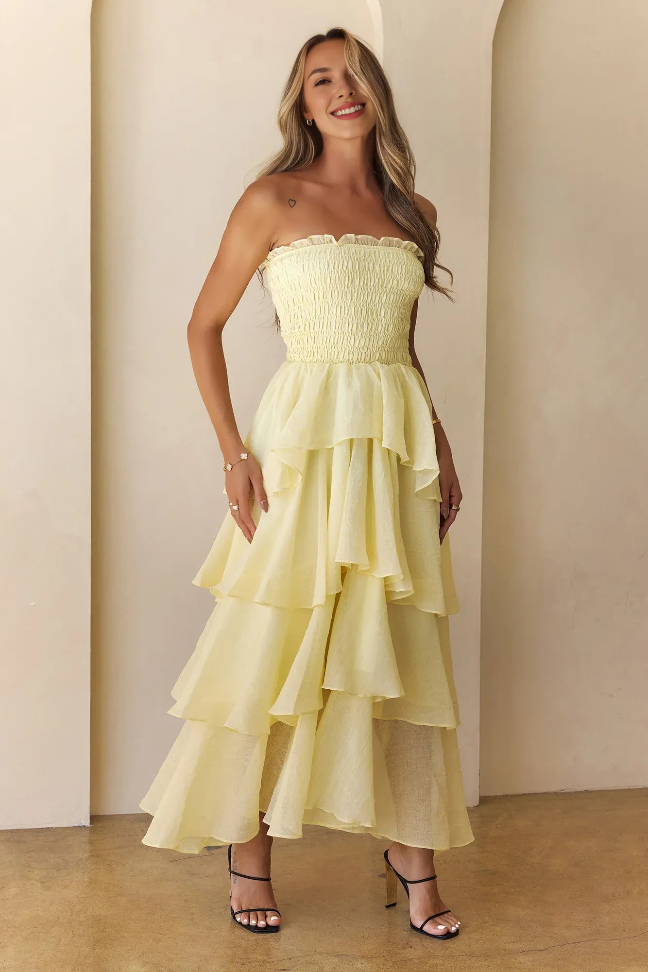 Lovely A-line Strapless Tiered Ruffle Yellow Maxi Prom Dress For Women