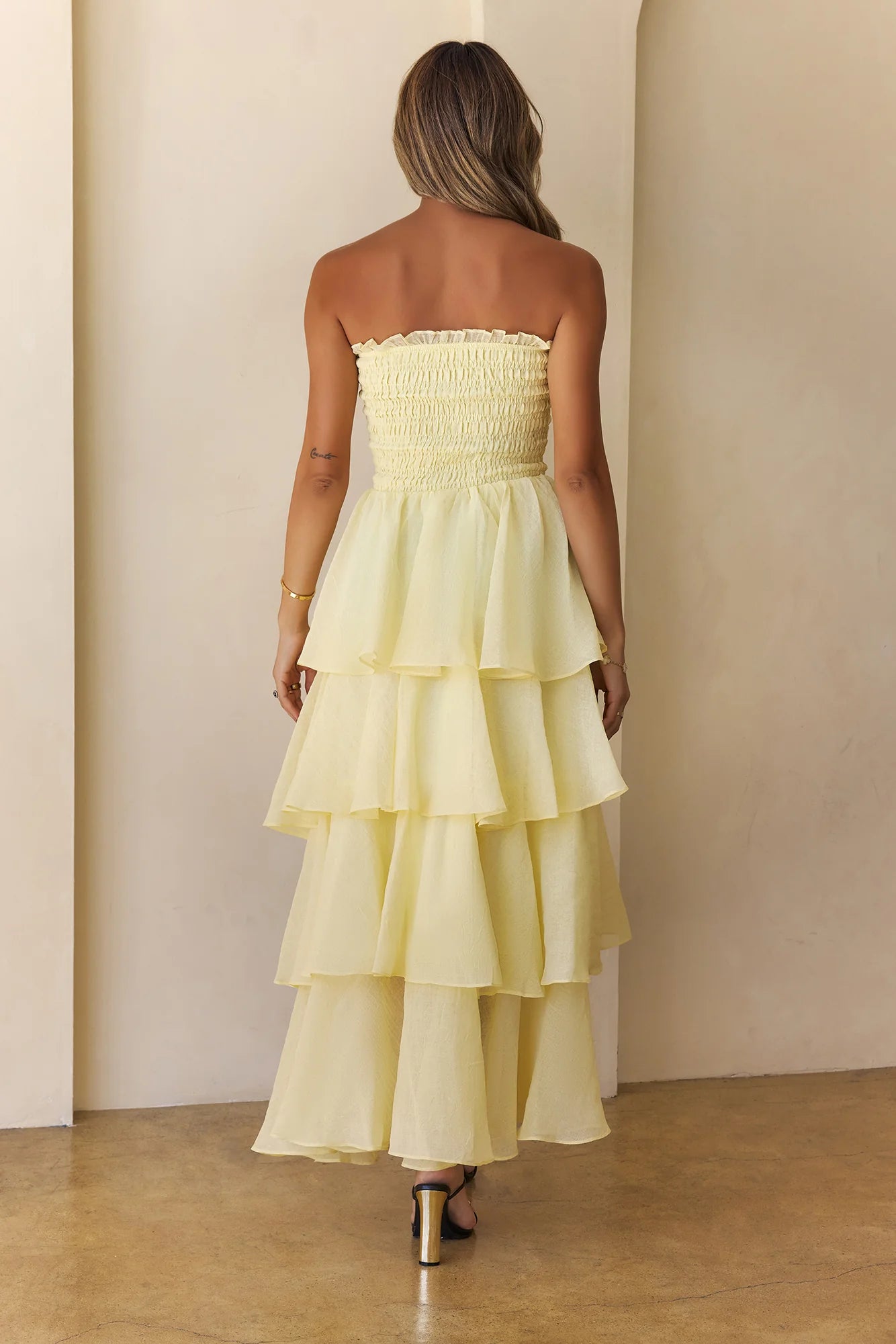 Lovely A-line Strapless Tiered Ruffle Yellow Maxi Prom Dress For Women