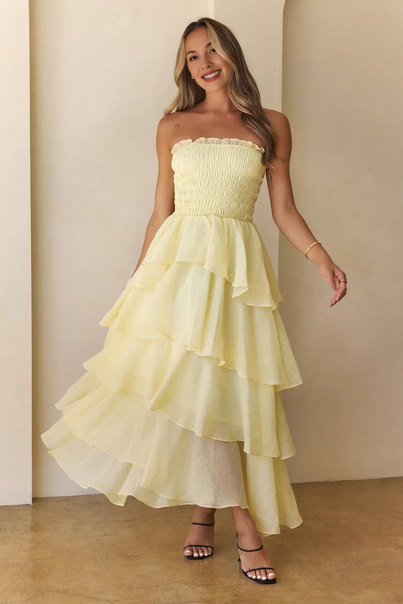 Lovely A-line Strapless Tiered Ruffle Yellow Maxi Prom Dress For Women