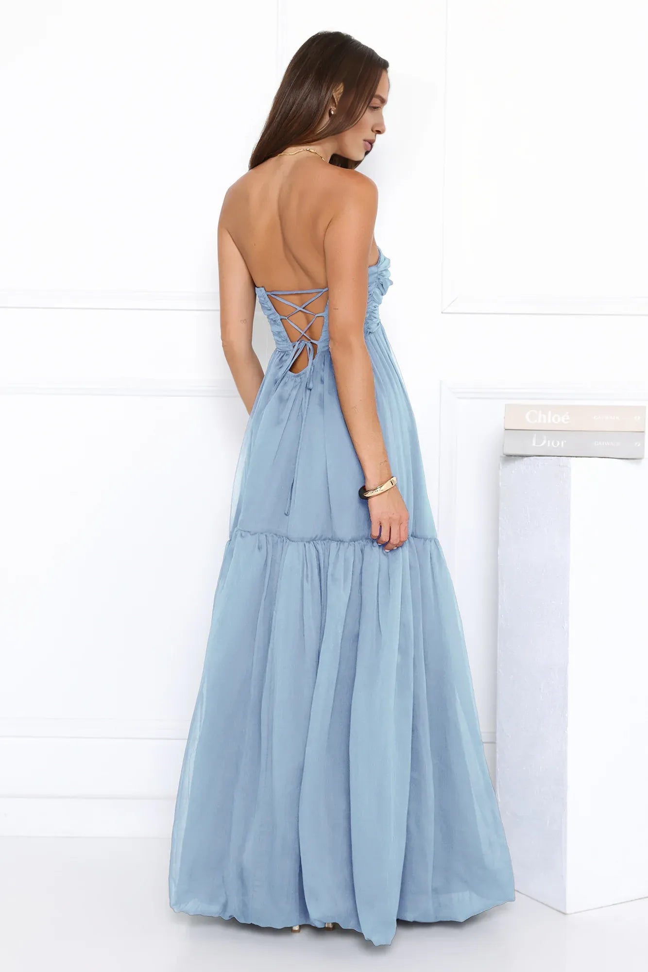 Lovely A-line Strapless Twist Blue Maxi Prom Dress With Bubble Hem For Women
