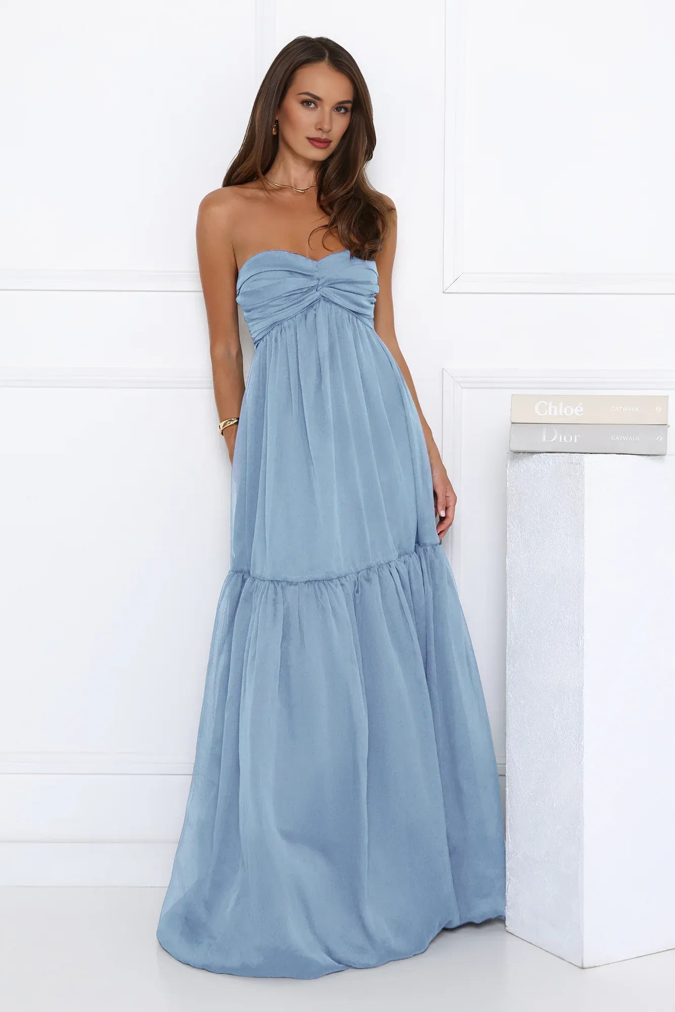 Lovely A-line Strapless Twist Blue Maxi Prom Dress With Bubble Hem For Women