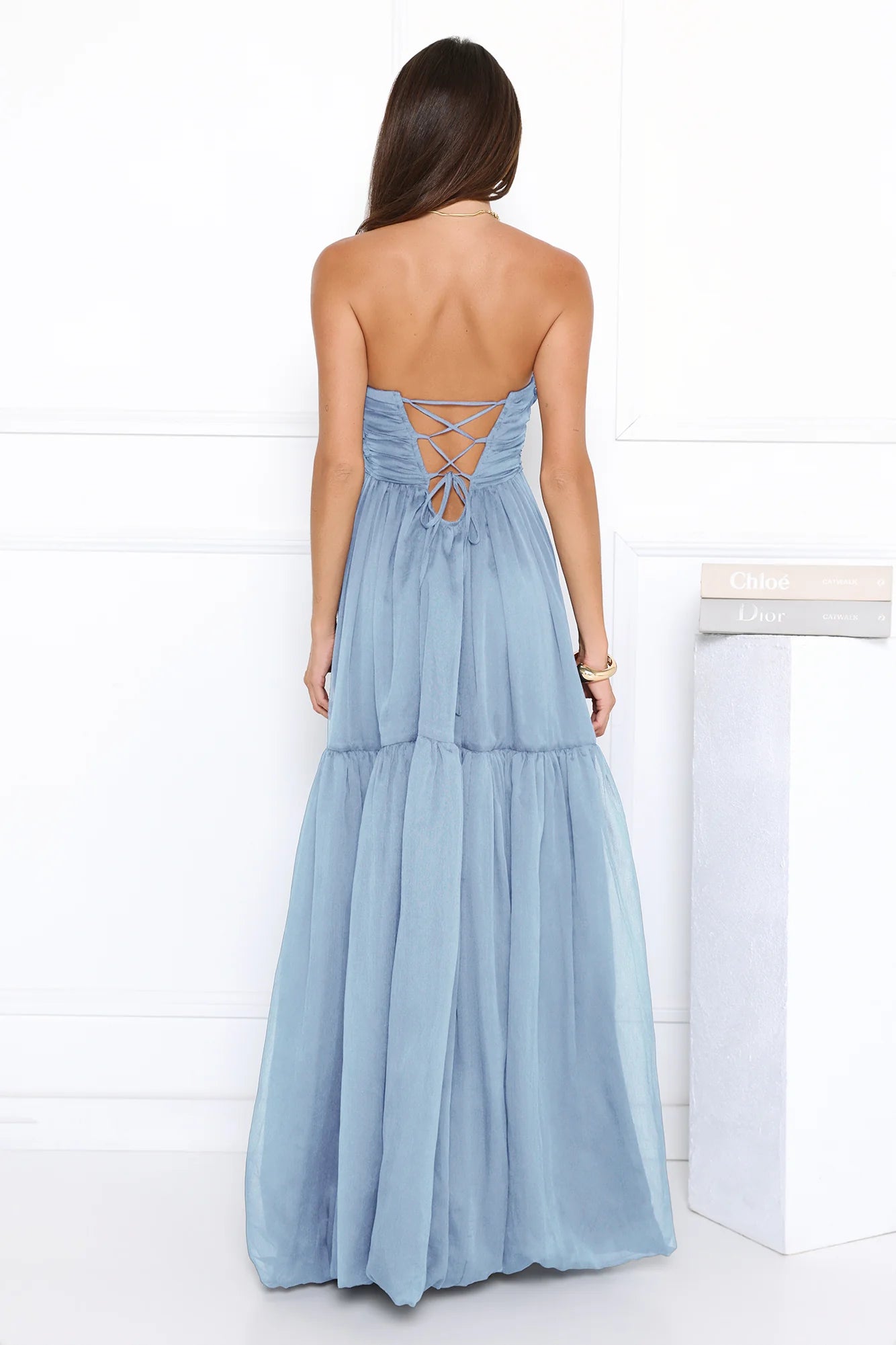 Lovely A-line Strapless Twist Blue Maxi Prom Dress With Bubble Hem For Women