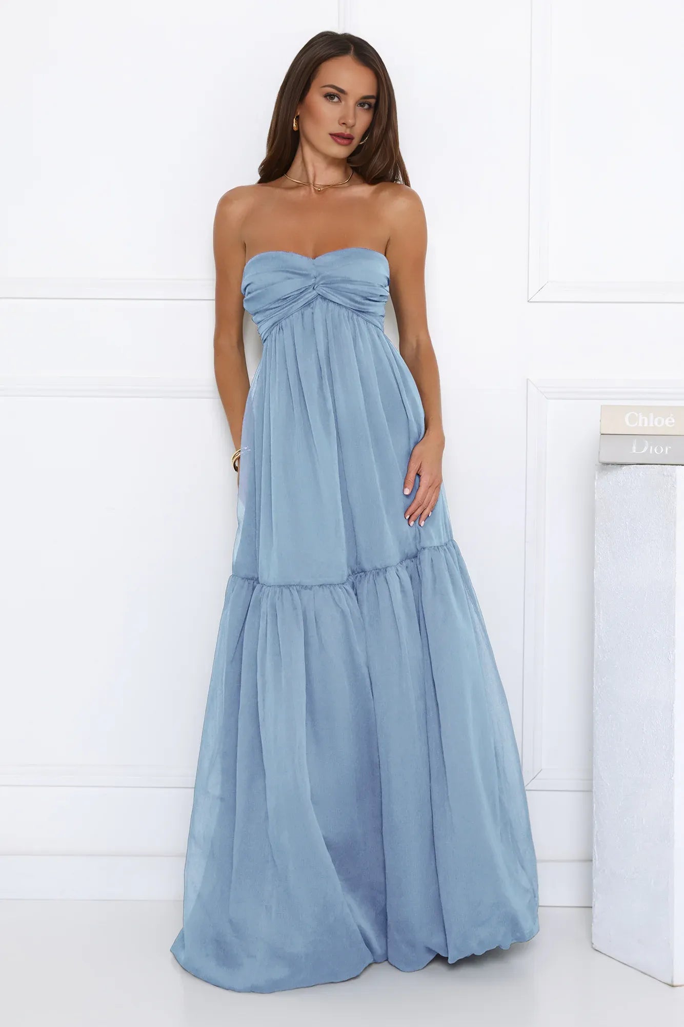 Lovely A-line Strapless Twist Blue Maxi Prom Dress With Bubble Hem For Women
