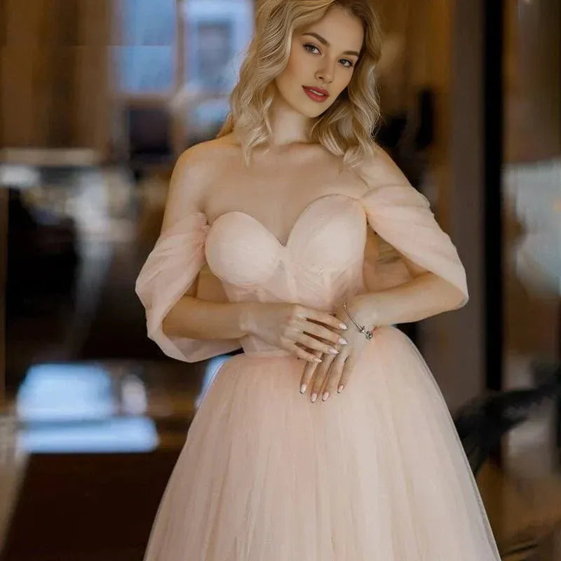 Lovely A Line Off-the-Shoulder Corset Tulle Pink Tea Length Prom Dress