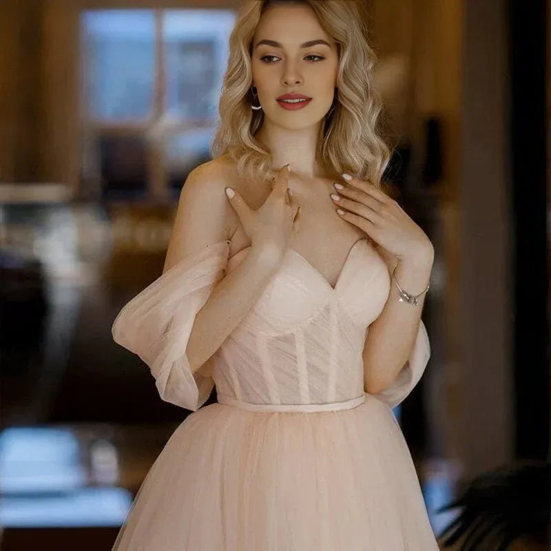 Lovely A Line Off-the-Shoulder Corset Tulle Pink Tea Length Prom Dress