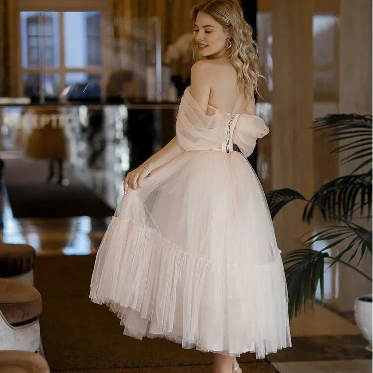 Lovely A Line Off-the-Shoulder Corset Tulle Pink Tea Length Prom Dress