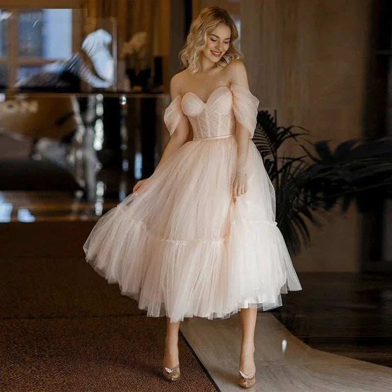 Lovely A Line Off-the-Shoulder Corset Tulle Pink Tea Length Prom Dress