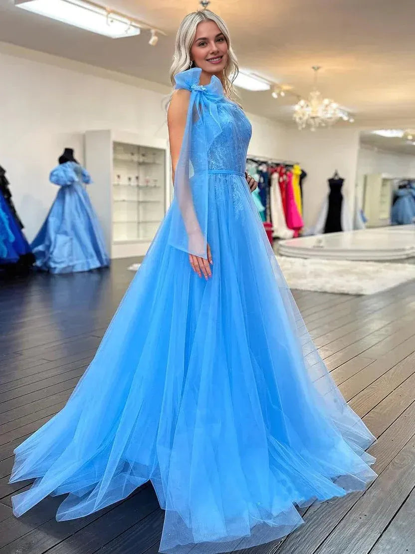 Lovely A Line One Shoulder Tulle Blue Prom Dress With Appliques