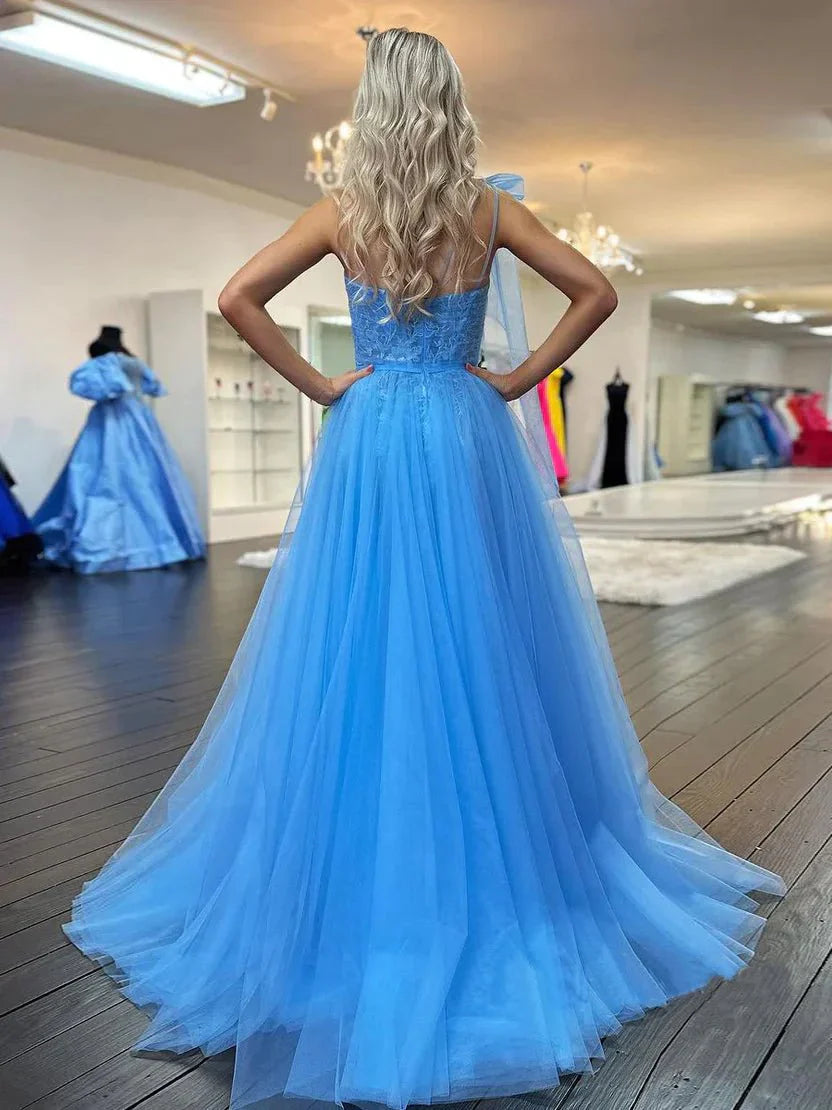 Lovely A Line One Shoulder Tulle Blue Prom Dress With Appliques