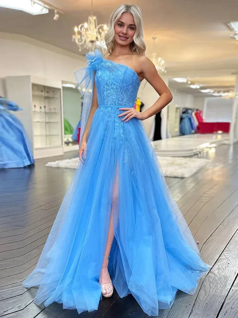 Lovely A Line One Shoulder Tulle Blue Prom Dress With Appliques