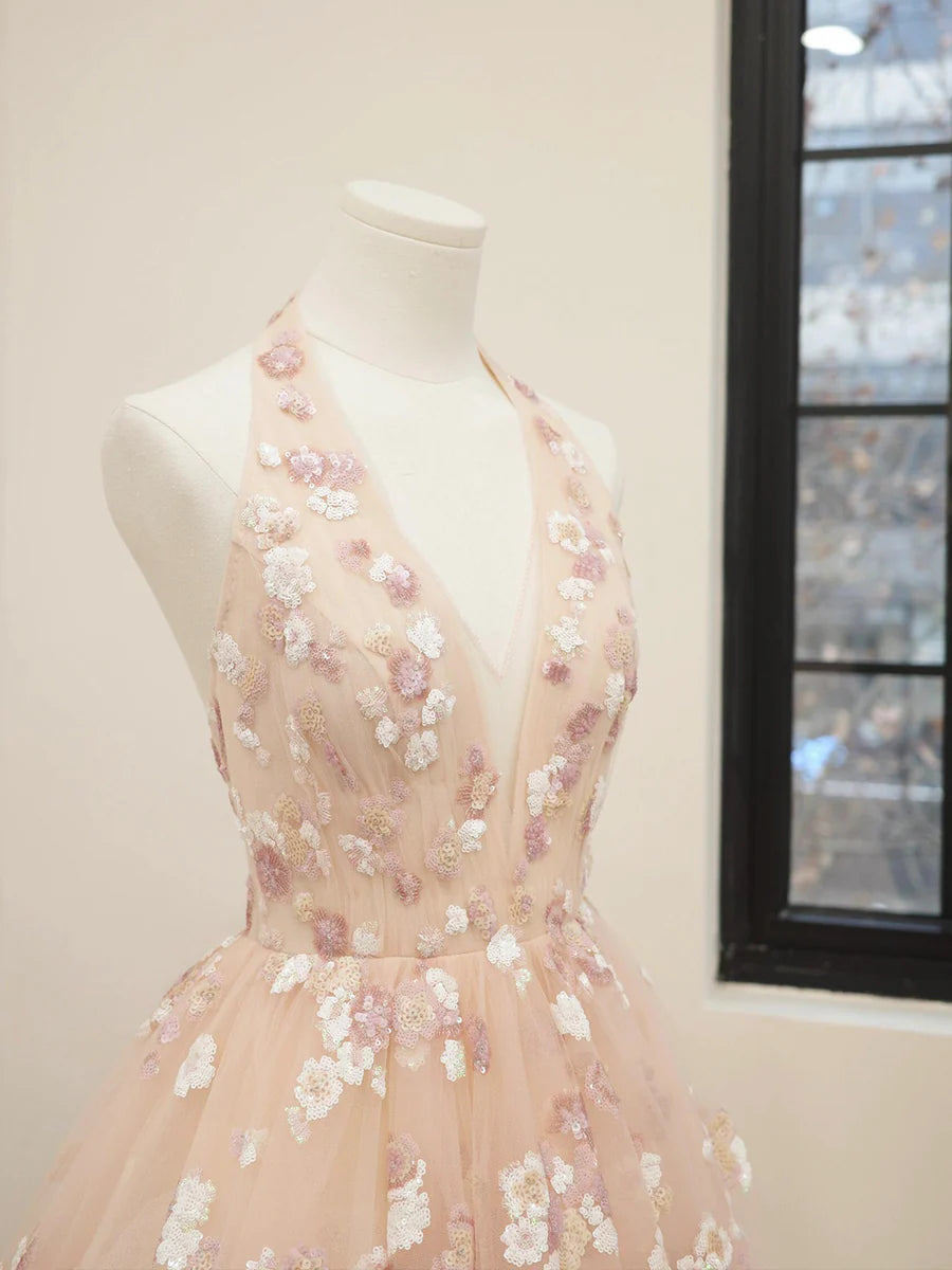Lovely A Line Pink Halter V-Neck Tulle Sequins Short Prom Dress Backless Evening Party Dress