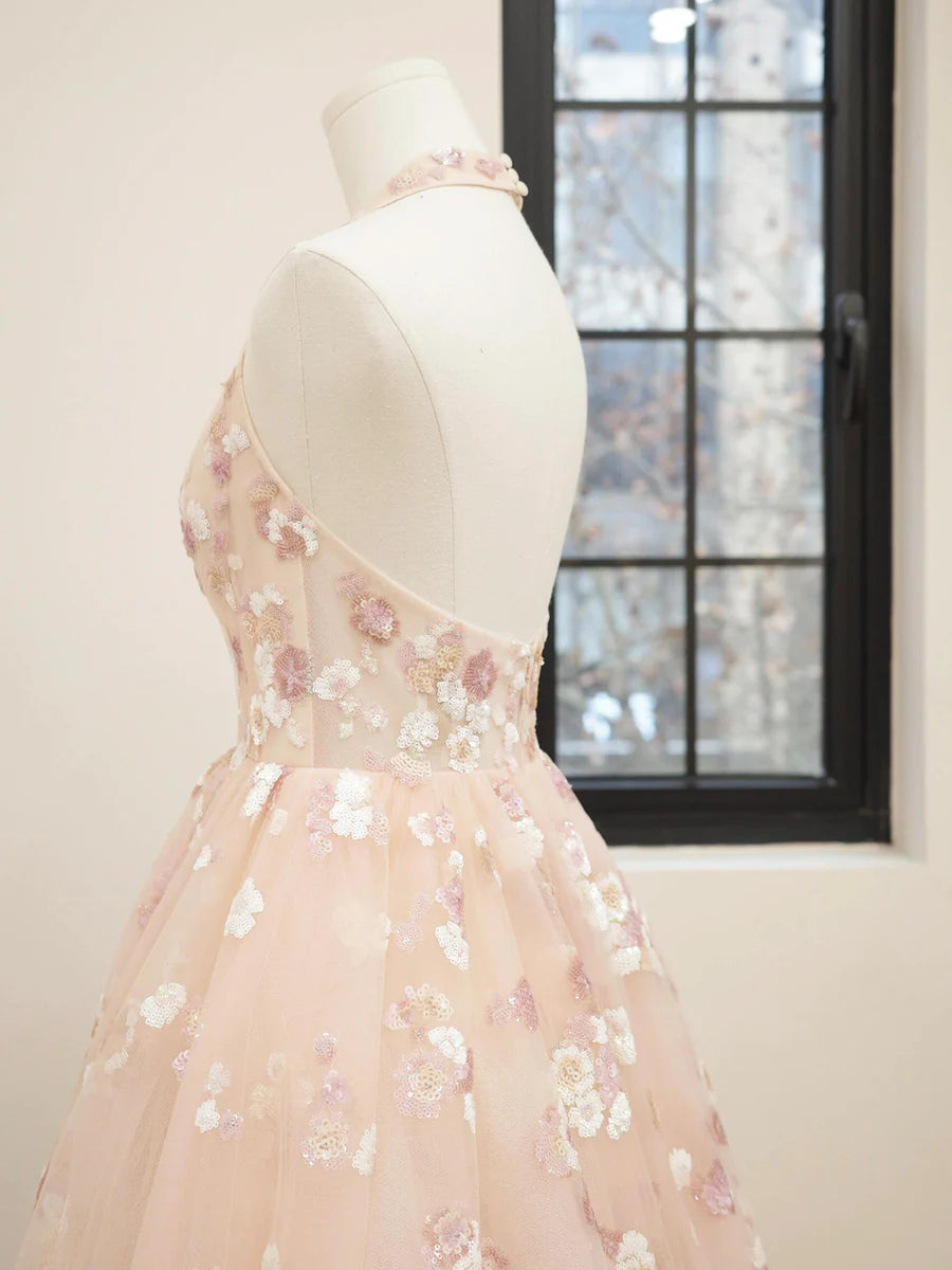 Lovely A Line Pink Halter V-Neck Tulle Sequins Short Prom Dress Backless Evening Party Dress