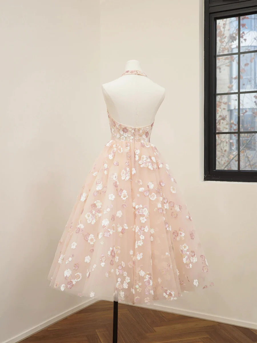 Lovely A Line Pink Halter V-Neck Tulle Sequins Short Prom Dress Backless Evening Party Dress