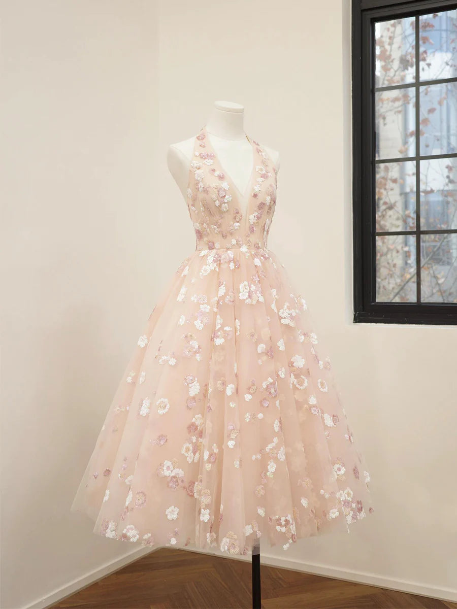 Lovely A Line Pink Halter V-Neck Tulle Sequins Short Prom Dress Backless Evening Party Dress