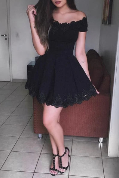 Lovely Black Satin Lace A Line Short Prom Dresses Off Shoulder Homecoming Dresses