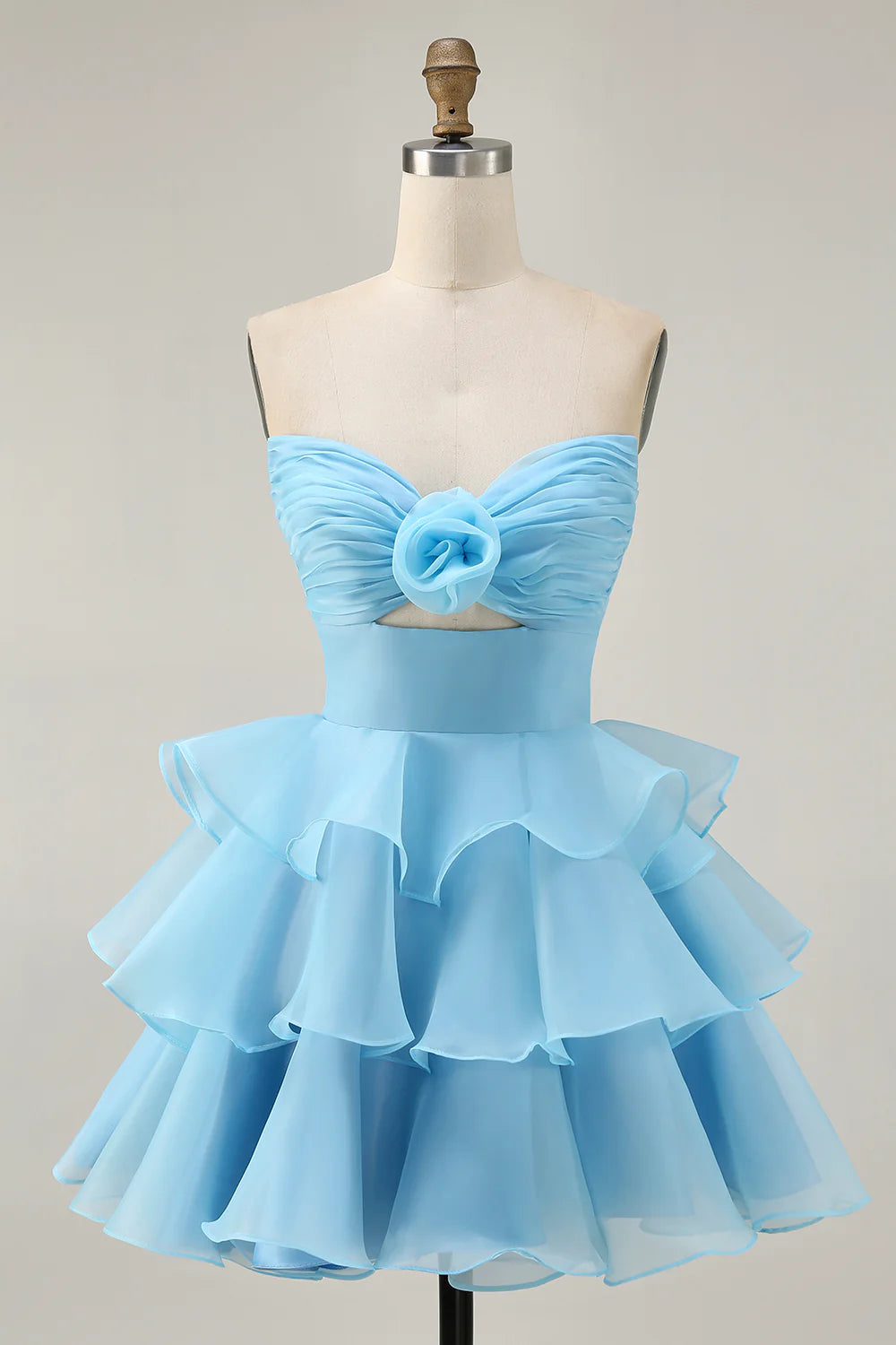 Lovely Blue Sweetheart Collar A-Line Strapless Cut Out Pleated Tiered Short Homecoming Dress