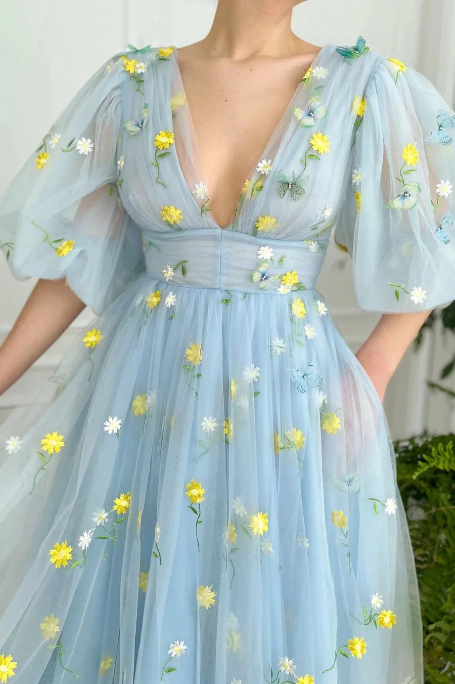 Lovely Blue Tulle Floral Lace V-Neck Short Sleeve Tea Length Prom Dress Homecoming Party Dress