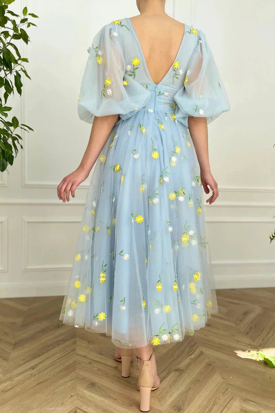 Lovely Blue Tulle Floral Lace V-Neck Short Sleeve Tea Length Prom Dress Homecoming Party Dress