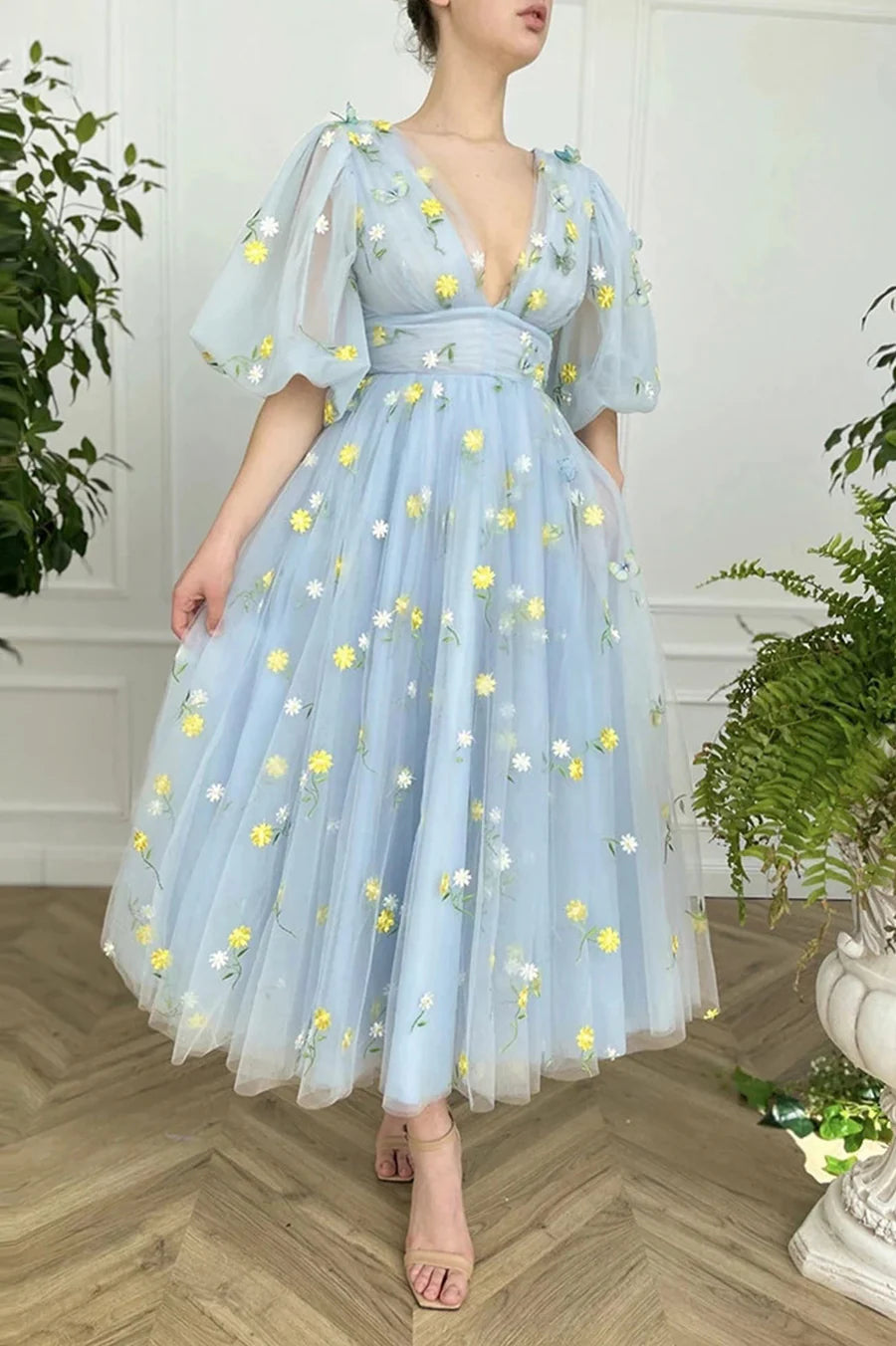 Lovely Blue Tulle Floral Lace V-Neck Short Sleeve Tea Length Prom Dress Homecoming Party Dress