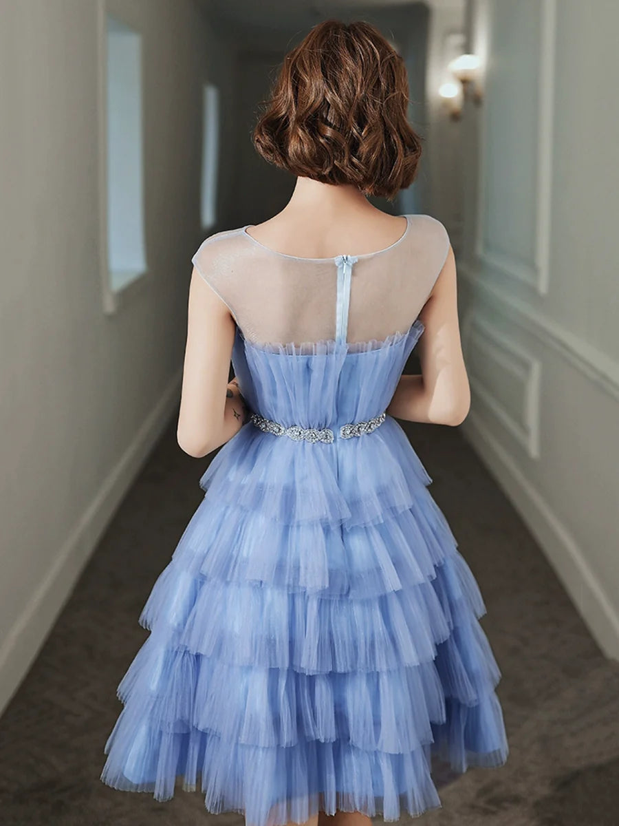 Lovely Blue Tulle Round Neckline Short Homecoming Dress Layered Blue Evening Party Dress