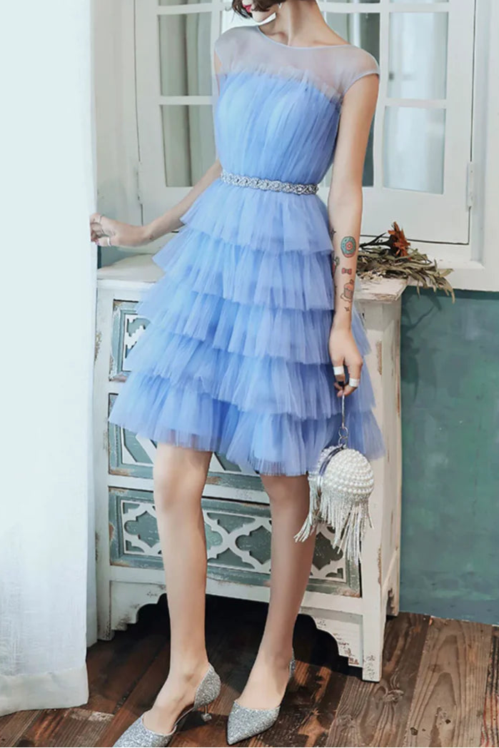 Lovely Blue Tulle Round Neckline Short Homecoming Dress Layered Blue Evening Party Dress