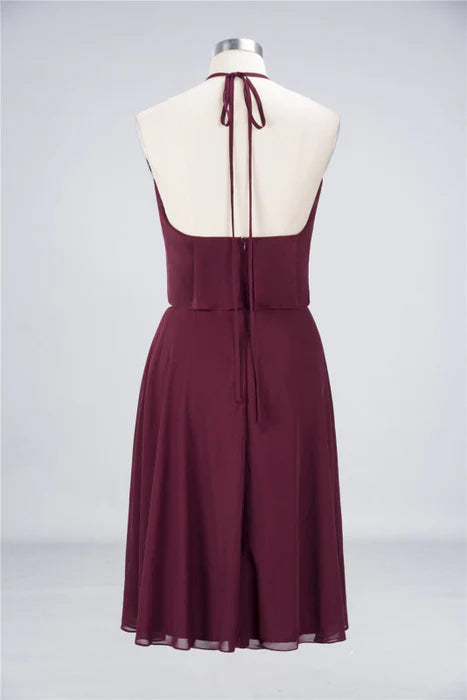 Lovely Burgundy Chiffon Halter Ruffle Short Bridesmaid Dress Homecoming Dress