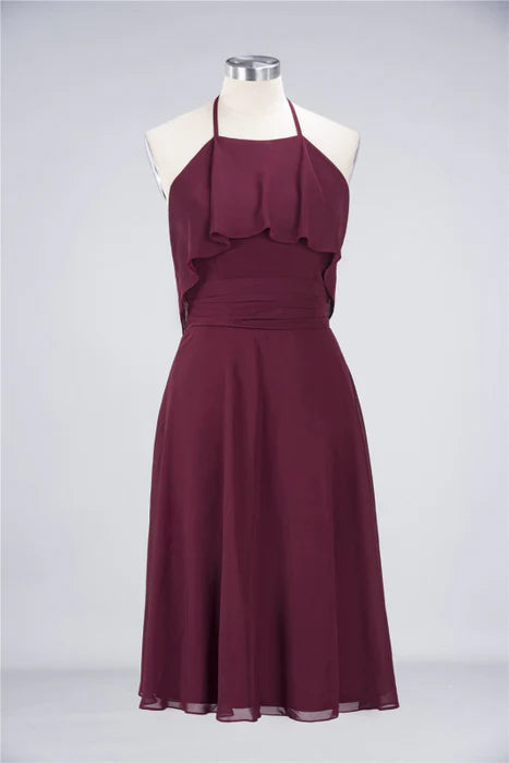 Lovely Burgundy Chiffon Halter Ruffle Short Bridesmaid Dress Homecoming Dress