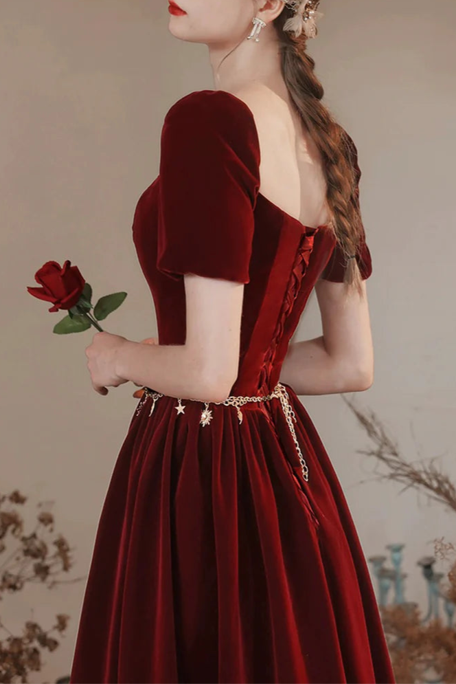 Lovely Burgundy Velvet Long Prom Dress Elegant Burgundy A-Line Short Sleeve Evening Dress
