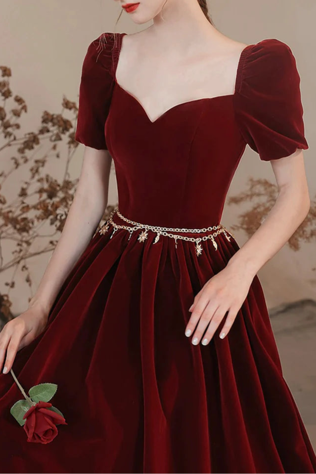Lovely Burgundy Velvet Long Prom Dress Elegant Burgundy A-Line Short Sleeve Evening Dress