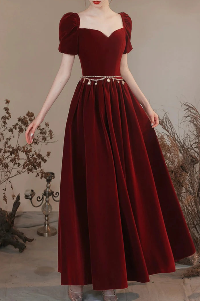 Lovely Burgundy Velvet Long Prom Dress Elegant Burgundy A-Line Short Sleeve Evening Dress