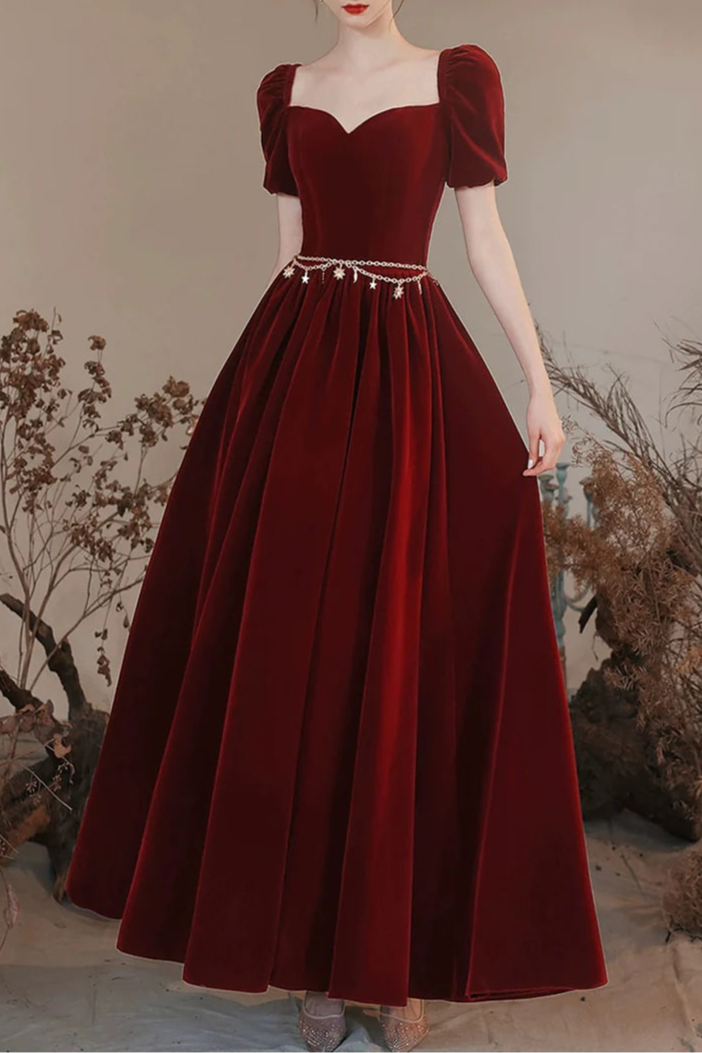 Lovely Burgundy Velvet Long Prom Dress Elegant Burgundy A-Line Short Sleeve Evening Dress