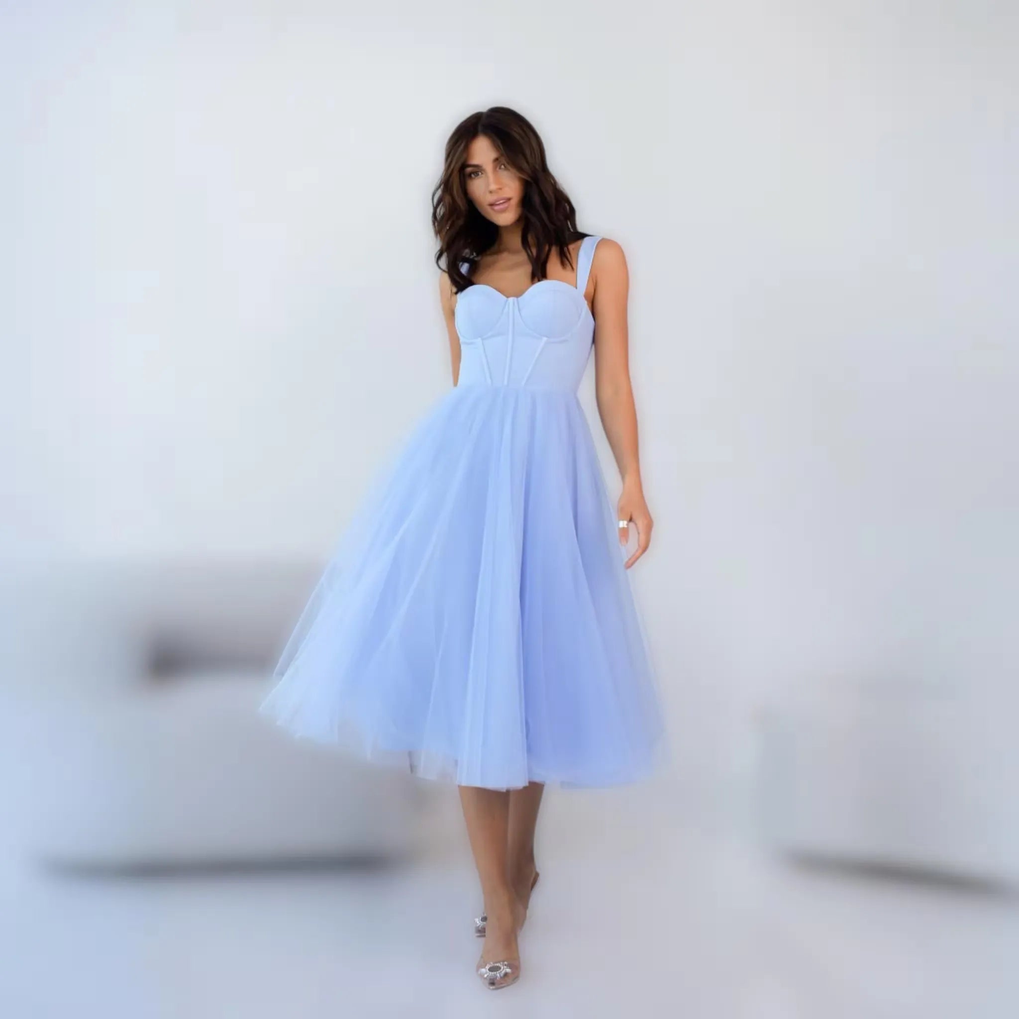 Lovely Casual A-Line Sweetheart Corset Lace-Up Tulle Light Blue Midi Prom Dress