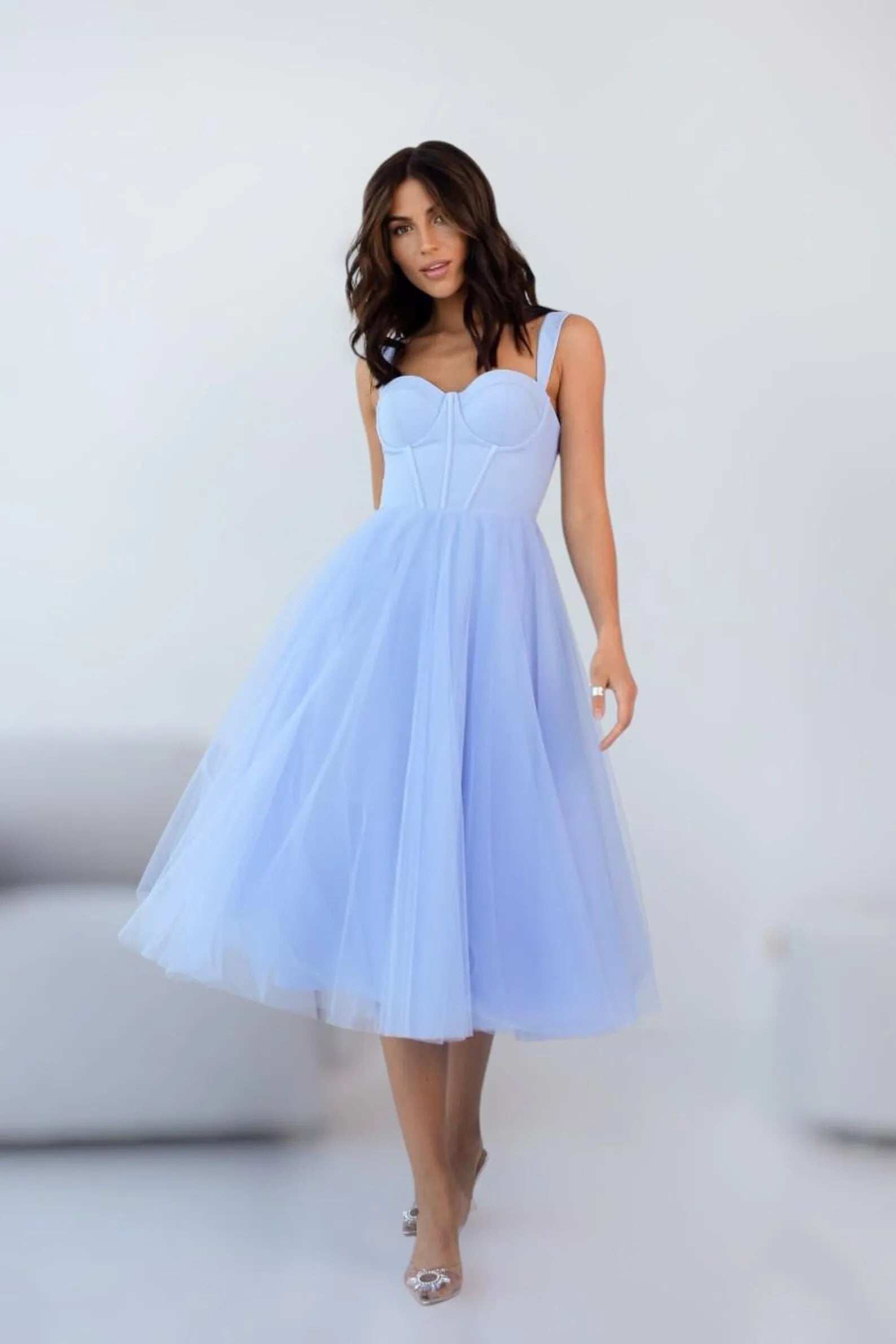 Lovely Casual A-Line Sweetheart Corset Lace-Up Tulle Light Blue Midi Prom Dress