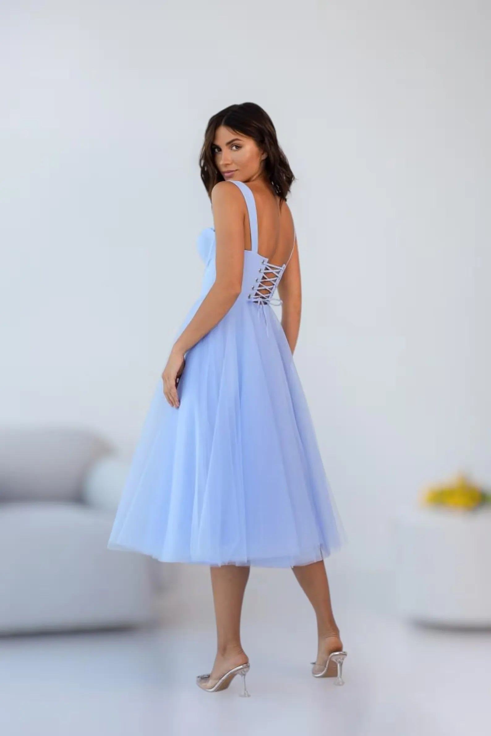 Lovely Casual A-Line Sweetheart Corset Lace-Up Tulle Light Blue Midi Prom Dress