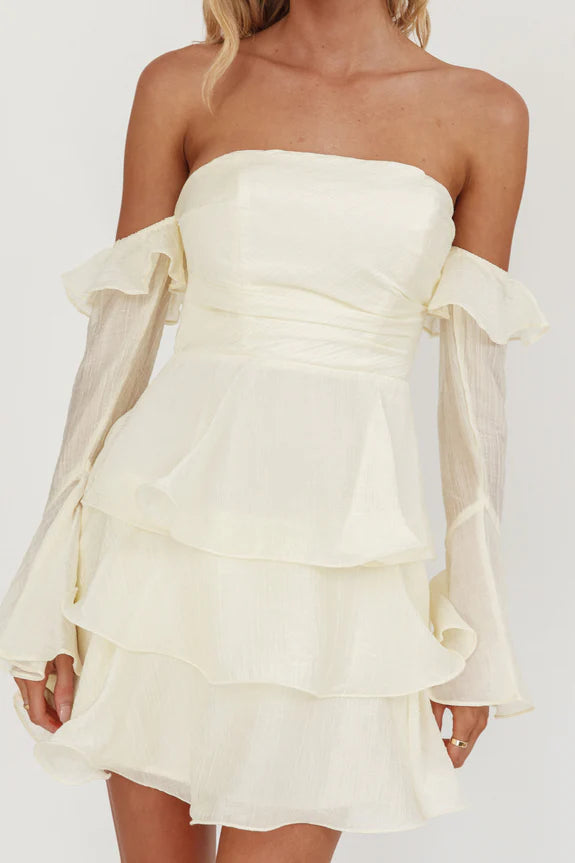 Lovely Casual Off-Shoulder Layered Ruffle Cream Mini Homecoming Dress