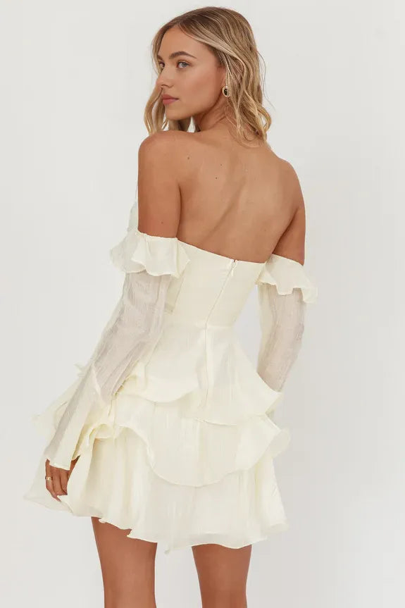 Lovely Casual Off-Shoulder Layered Ruffle Cream Mini Homecoming Dress