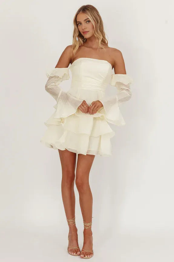 Lovely Casual Off-Shoulder Layered Ruffle Cream Mini Homecoming Dress