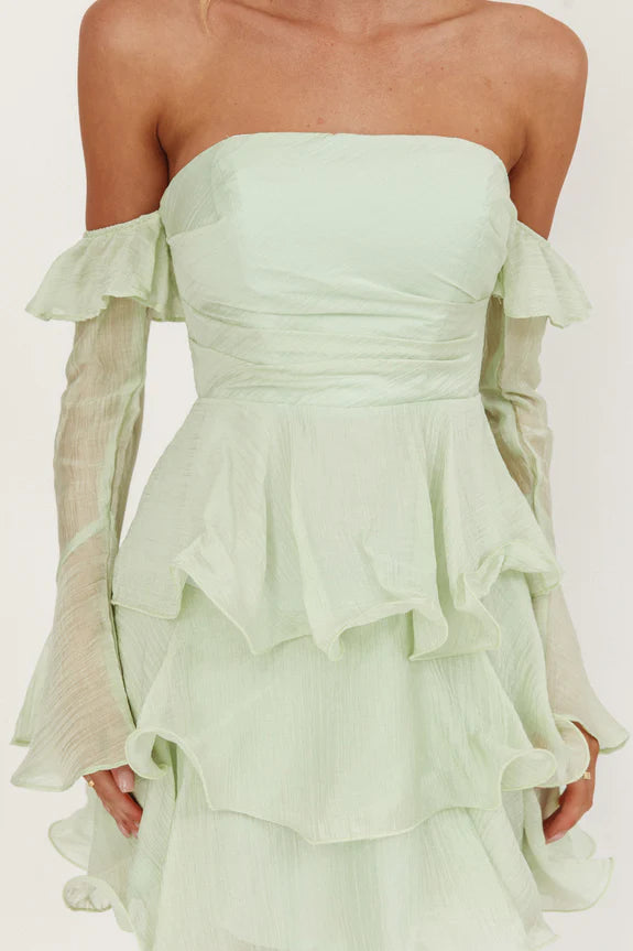 Lovely Casual Off-Shoulder Layered Ruffle Sage Mini Homecoming Dress