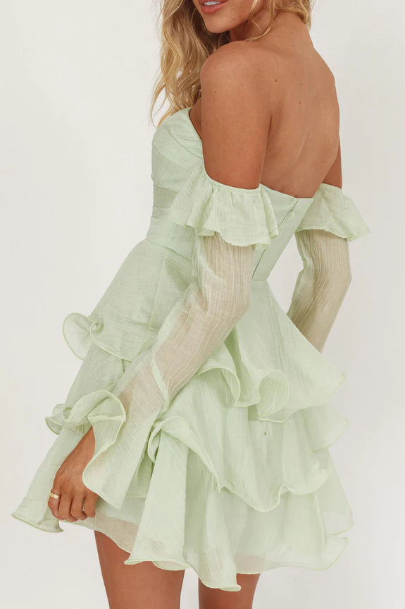 Lovely Casual Off-Shoulder Layered Ruffle Sage Mini Homecoming Dress