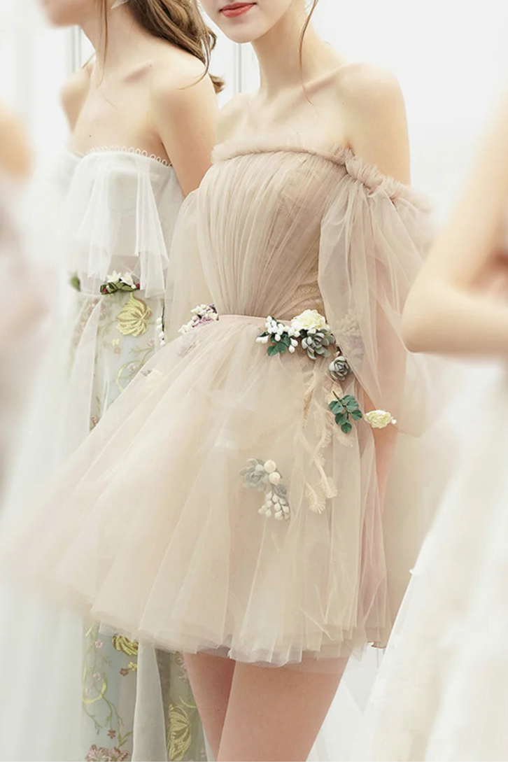 Lovely Champagne Tulle Floral Off the Shoulder A-Line Short Homecoming Dresses Bridesmaid Dress