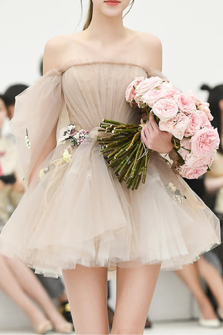 Lovely Champagne Tulle Floral Off the Shoulder A-Line Short Homecoming Dresses Bridesmaid Dress