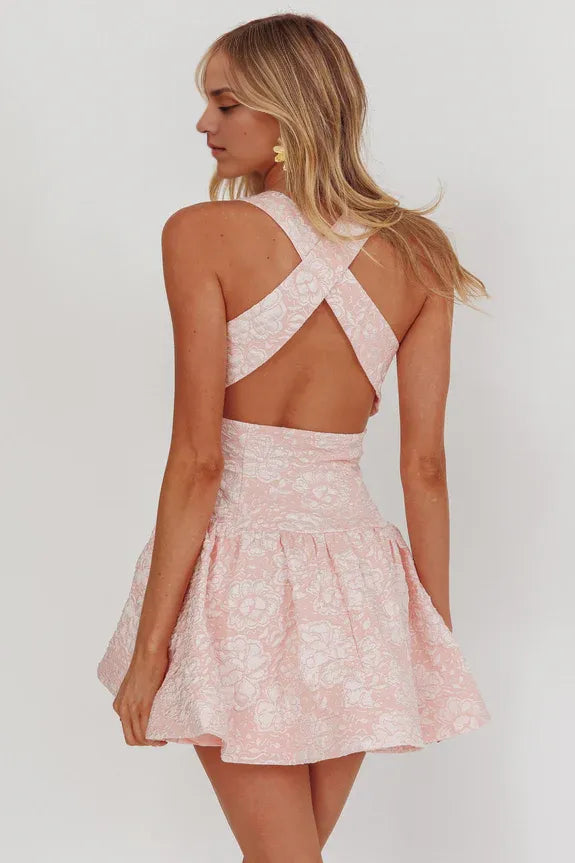 Lovely Crisscross Back Jacquard Pink Mini Homecoming Dress With Mesh Hem