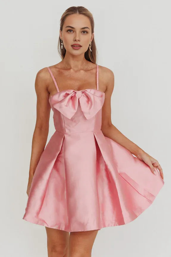 Lovely Flared Spaghetti Straps Bow Pink Mini Homecoming Dress For Ladies