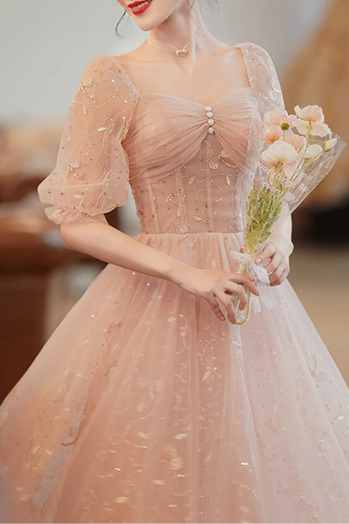 Lovely Floral Tulle Pleated A-Line BodyCon Homecoming Dress Short Sleeves Short Prom Dress