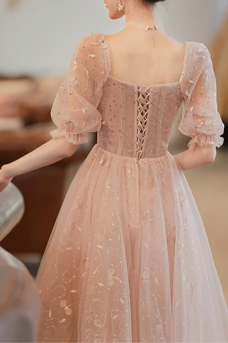 Lovely Floral Tulle Pleated A-Line BodyCon Homecoming Dress Short Sleeves Short Prom Dress