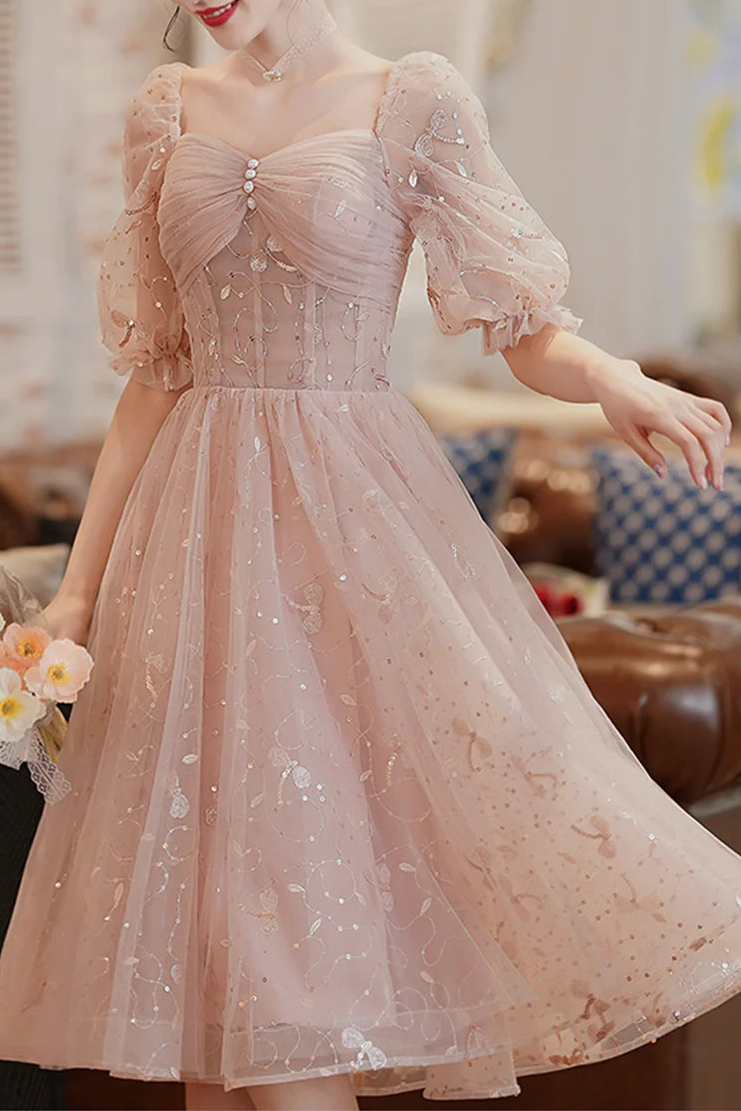 Lovely Floral Tulle Pleated A-Line BodyCon Homecoming Dress Short Sleeves Short Prom Dress