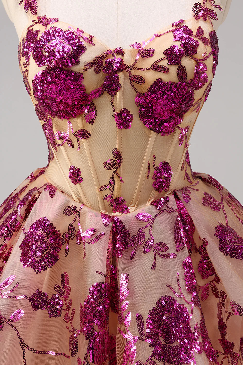 Lovely Fuchsia Lace Floral V Neck A-Line Corset Short Homecoming Dress With Sequins
